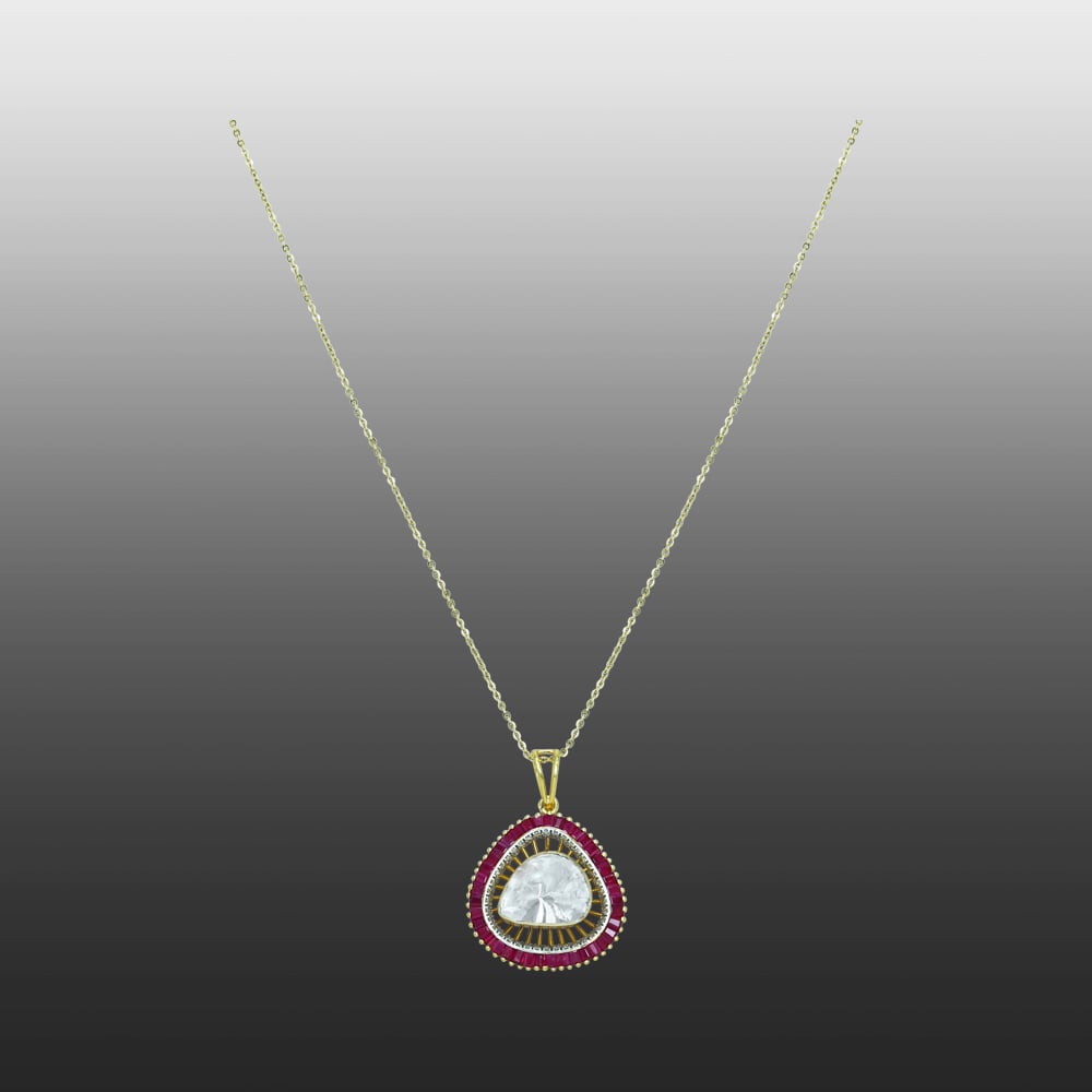 Pear-Shaped Polki Pendant with Red Ruby Baguettes